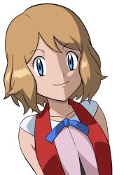 Rule 34 | 1girl, bare arms, blonde hair, blue eyes, blue ribbon, closed mouth, collarbone, commentary, creatures (company), eyelashes, game freak, highres, ia (ilwmael9), looking at viewer, medium hair, neck ribbon, nintendo, no headwear, pokemon, pokemon (anime), pokemon xy (anime), ribbon, serena (pokemon), simple background, smile, solo, upper body, white background