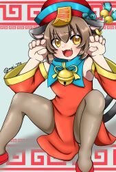 Rule 34 | 1girl, alternate costume, animal ears, bell, brown eyes, brown hair, cat ears, chen, claw pose, commentary request, detached sleeves, dress, ears down, flat chest, foot out of frame, gao, gold trim, grey background, hands up, hat, highres, jiangshi, jingle bell, long sleeves, looking at viewer, meandros, mei 773, pantyhose, petite, red dress, red footwear, short hair, simple background, sitting, solo, spread legs, touhou, v-shaped eyebrows