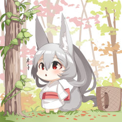 Rule 34 | 1girl, :&lt;, animal ear fluff, animal ears, barefoot, basket, blush, chibi, commentary request, day, fox ears, fox girl, fox tail, grey hair, hair between eyes, highres, japanese clothes, kimono, long sleeves, looking away, obi, original, outdoors, parted lips, ponytail, red eyes, sash, solo, standing, tail, tree, triangle mouth, white kimono, wide sleeves, yuuji (yukimimi)
