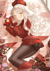 Rule 34 | 1girl, ass, beret, black pantyhose, box, breasts, brooch, caren hortensia, caren hortensia (amor caren), caren hortensia (amor caren) (second ascension), chocolate, crotch seam, dress, fate/grand order, fate/hollow ataraxia, fate (series), gift, gift box, hat, heart-shaped box, highres, jewelry, legs, long hair, long sleeves, looking at viewer, medium breasts, neck ribbon, panties, panties under pantyhose, pantyhose, red dress, red hat, revision, ribbon, shawl, smile, solo, takumi11, thighband pantyhose, underwear, valentine, wavy hair, white hair, yellow eyes