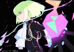 Rule 34 | 1boy, ao fujimori, ascot, belt, biker clothes, black gloves, black jacket, fire, frilled shirt collar, frilled sleeves, frills, gloves, green hair, half gloves, highres, jacket, lio fotia, male focus, multiple belts, outstretched hand, profile, promare, purple eyes, pyrokinesis, solo