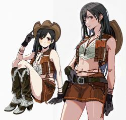 Rule 34 | 1girl, absurdres, adjusting clothes, adjusting headwear, bare shoulders, beads, belt, belt buckle, black gloves, black hair, blush, boots, bracelet, breasts, brown footwear, brown skirt, brown vest, buckle, cleavage, closed mouth, cowboy boots, cowboy hat, cowboy shot, crisis core final fantasy vii, crop top, earrings, final fantasy, final fantasy vii, final fantasy vii remake, full body, gloves, hair beads, hair ornament, hat, highres, jewelry, leather skirt, leather vest, long hair, looking at viewer, medium breasts, midriff, miniskirt, multiple views, navel, parted lips, red eyes, shiren (ourboy83), shirt, simple background, single earring, sitting, skirt, standing, thighs, tifa lockhart, tifa lockhart (cowgirl), vest, white background, white shirt