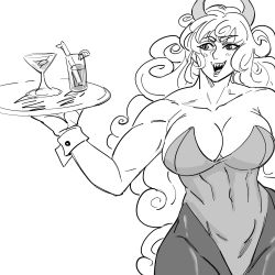 Rule 34 | 1girl, :d, abs, bare shoulders, bb (baalbuddy), blush, breasts, cleavage, cocktail glass, covered navel, cowboy shot, cup, curly hair, drinking glass, greyscale, highres, holding, holding tray, horns, huge breasts, leotard, long hair, martini, monochrome, muscular, muscular female, olive, open mouth, original, pantyhose, playboy bunny, sharp teeth, simple background, smile, solo, standing, teeth, tray, very long hair, white background, wrist cuffs