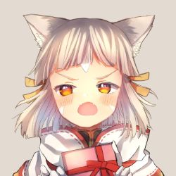 Rule 34 | 1girl, animal ear fluff, animal ears, blunt bangs, blush, bodysuit, breasts, cat ears, chocolate, fangs, gift, gloves, grey background, grey hair, hair ornament, highres, looking at viewer, nia (xenoblade), nintendo, open mouth, ribbon, scarf, short hair, small breasts, solo, umikamiko, valentine, white gloves, xenoblade chronicles (series), xenoblade chronicles 2, yellow eyes, yellow ribbon