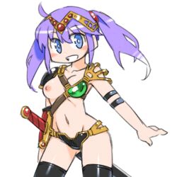 Rule 34 | 1girl, ahoge, armor, asymmetrical clothes, bikini armor, blue eyes, breasts, cannsk, circlet, commentary request, cowboy shot, gluteal fold, grin, groin, navel, one breast out, original, purple hair, sheath, small breasts, smile, solo, sword, twintails, weapon