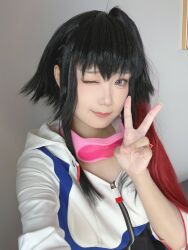 Rule 34 | 1girl, cosplay, digimon, female focus, looking at viewer, one eye closed, photo (medium), real life, shiki (digimon world -next 0rder-), shiki (digimon world -next 0rder-) (cosplay), solo, v, wink