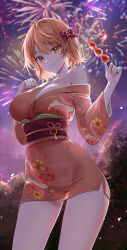 Rule 34 | 1girl, absurdres, aerial fireworks, blurry, blurry background, bow, braid, breasts, brown eyes, cleavage, closed mouth, commission, contrapposto, covered navel, cowboy shot, fireworks, floral print, food, hair bow, hands up, highres, holding, holding food, isshiki iroha, japanese clothes, kimono, large breasts, lillly, long sleeves, looking at viewer, obi, obiage, obijime, orange hair, orange kimono, outdoors, pixiv commission, print kimono, red bow, red sash, sash, short hair, short kimono, single bare shoulder, sky, smile, solo, thighs, yahari ore no seishun lovecome wa machigatteiru., yukata