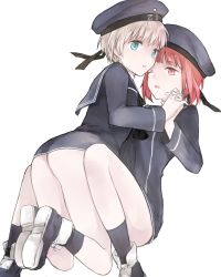 Rule 34 | 10s, 2girls, androgynous, ass, bad id, bad pixiv id, beret, between legs, black legwear, blonde hair, blue eyes, bottomless, brown eyes, clothes writing, dress, hat, holding hands, kantai collection, long sleeves, looking at viewer, looking back, military, military uniform, multiple girls, one eye closed, open mouth, red hair, sailor collar, sailor dress, sailor hat, short hair, simple background, socks, uniform, white background, yueko (nmyeuk), z1 leberecht maass (kancolle), z3 max schultz (kancolle)