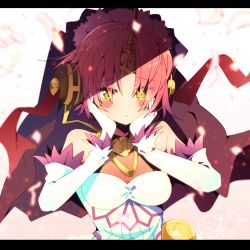 Rule 34 | 1girl, blush, breasts, cleavage, elbow gloves, fate/apocrypha, fate (series), frankenstein&#039;s monster (fate), gloves, hands on own cheeks, hands on own face, headgear, horns, ichijo rei, letterboxed, medium breasts, petals, pink hair, red ribbon, ribbon, see-through, see-through cleavage, short hair, signature, single horn, solo, upper body, white gloves, yellow eyes