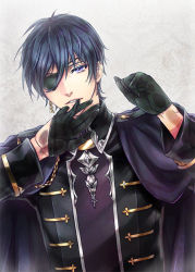 Rule 34 | 1boy, bad id, bad pixiv id, black gloves, blue hair, cape, doro (sabarudoro), earrings, eyepatch, glove in mouth, glove pull, gloves, grey background, hair between eyes, hands up, ikemen ooku, jewelry, long sleeves, looking at viewer, male focus, mouth hold, non-web source, purple cape, purple eyes, removing glove, single earring, solo, upper body, xeno gerald