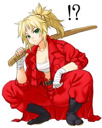 Rule 34 | !?, 1girl, banchou, bandages, belt, blonde hair, chest sarashi, delinquent, fate/apocrypha, fate/grand order, fate (series), green eyes, mordred (fate), mordred (fate/apocrypha), onsoku inu, pout, sarashi, short hair, simple background, solo, squatting, sword, weapon, white background, wooden sword