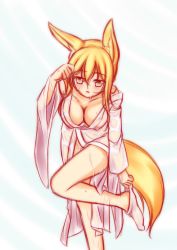 Rule 34 | 1girl, animal ears, blonde hair, blush, breasts, downblouse, fox ears, fox tail, highres, himeka chiyako, large breasts, leaning forward, long hair, minaha (playjoe2005), original, see-through, solo, tail, undressing, wet, wet clothes