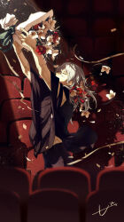 Rule 34 | 1boy, absurdres, air (ai r ), arms up, belt, black belt, black pants, black shirt, blue ribbon, bouquet, chair, closed eyes, falling flower, falling petals, flower, grey hair, hair between eyes, highres, holding, holding bouquet, indoors, jujutsu kaisen, light, long hair, mahito (jujutsu kaisen), male focus, movie theater, outstretched arms, pants, petals, red flower, red petals, ribbon, shadow, shirt, short sleeves, solo, standing, stitched arm, stitched face, stitched hand, stitched neck, stitches, torn sleeve, white petals, yellow ribbon