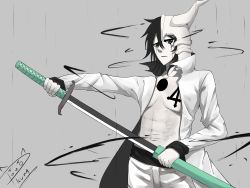 Rule 34 | 1boy, 1girl, absurdres, black hair, bleach, commentary, facial mark, green eyes, grey background, highres, holding, horns, jacket, long sleeves, looking at viewer, lovesexieie, male focus, muscular, open clothes, open jacket, pale skin, signature, solo, sword, torn clothes, ulquiorra cifer, weapon