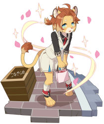 1boy absurdres animal_ears artist_name bag barefoot black_shirt blue_eyes blush commentary_request digitigrade falling_petals fang furry furry_male highres holding holding_bag konazarame lion_boy lion_ears lion_tail male_focus necktie open_mouth petals ponytail red_necktie shirt shorts skin_fang tail theo_(world_flipper) vest whiskers white_background white_shorts white_vest world_flipper