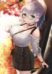 Rule 34 | 1girl, autumn, autumn leaves, between breasts, blurry, blurry background, blurry foreground, blush, braid, breasts, choker, collarbone, commentary request, depth of field, glasses, hair ribbon, highres, hololive, large breasts, leaf, looking at viewer, off-shoulder sweater, off shoulder, outdoors, plaid, ribbon, saki (saki paint), shirogane noel, shirogane noel (casual), skirt, smile, solo, strap between breasts, sweater, virtual youtuber