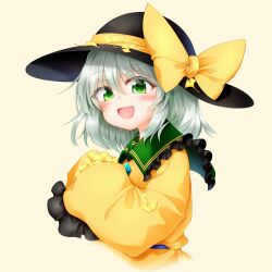 Rule 34 | 1girl, :d, black hat, blouse, blush, bow, frilled shirt collar, frilled sleeves, frills, ginkgo tree, green eyes, green hair, happy, hat, hat bow, hat ribbon, highres, holding, holding leaf, komeiji koishi, large hat, leaf, long sleeves, looking at viewer, marukyuu ameya, medium hair, open mouth, ribbon, shirt, simple background, smile, solo, touhou, upper body, yellow background, yellow bow, yellow ribbon, yellow shirt