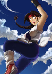 Rule 34 | 1girl, arm up, ass, blue sky, bodystocking, braid, breasts, brown eyes, brown hair, converse, day, dougi, fingerless gloves, gloves, headband, highres, large breasts, leg warmers, long hair, open mouth, purple legwear, shoes, single braid, sky, sleeveless, sneakers, solo, spandex, the king of fighters, tongue, unknown tico, uppercut, yuri sakazaki