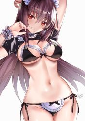 Rule 34 | 1girl, arm behind head, arm up, bikini, black bikini, blush, breasts, choker, cleavage, fate/grand order, fate (series), frilled bikini, frilled bikini top, frilled choker, frills, hair between eyes, highres, large breasts, long hair, looking at viewer, maid, maid bikini, maid headdress, navel, parted lips, puffy short sleeves, puffy sleeves, purple hair, red eyes, scathach (fate), seiru (prairie), short sleeves, shrug (clothing), solo, swimsuit, unconventional maid, white background, wrist cuffs