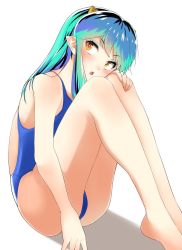 Rule 34 | 1girl, barefoot, blue hair, blue one-piece swimsuit, commentary request, competition swimsuit, full body, gradient background, green hair, highres, long hair, looking back, lum, nanao futaba, one-piece swimsuit, pointy ears, simple background, sitting, solo, swimsuit, urusei yatsura, white background, yellow eyes