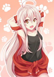 Rule 34 | 10s, 1girl, :d, ahoge, animal hands, armpits, arms up, backless outfit, beige background, black shirt, black skirt, blonde hair, breasts, chiya (urara meirochou), chrisandita, collarbone, dog paws, eyebrows, eyelashes, fang, gradient background, hair between eyes, highres, japanese clothes, long hair, looking at viewer, medium breasts, midriff, open mouth, orange eyes, pink background, red ribbon, red skirt, ribbon, shirt, sidelocks, silver hair, simple background, skirt, sleeveless, sleeveless shirt, smile, solo, standing, tank top, upper body, urara meirochou, very long hair