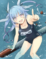 Rule 34 | 10s, 1girl, :d, blue hair, fang, i-19 (kancolle), kantai collection, looking at viewer, mate@juken, one-piece swimsuit, open mouth, pink eyes, pointing, pointing at viewer, school swimsuit, smile, solo, swimsuit, torpedo, twintails, underwater
