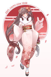 Rule 34 | 1girl, 2023, alternate costume, black nails, blush, boo tao (genshin impact), brown hair, chinese zodiac, commentary, english commentary, falling petals, floral print, flower, flower-shaped pupils, flower knot, foot up, full body, fur scarf, furisode, genshin impact, grin, gya (144), hair between eyes, hair flaps, hair flower, hair intakes, hair ornament, happy new year, highres, holding, hu tao (genshin impact), japanese clothes, kimono, long hair, long sleeves, looking at viewer, nail polish, new year, obi, okobo, petals, pink kimono, plum blossoms, print kimono, red eyes, red flower, red sash, sandals, sash, scarf, sidelocks, simple background, sleeves past wrists, slippers, smile, socks, solo, standing, standing on one leg, symbol-shaped pupils, tassel, twintails, very long hair, white background, white scarf, white socks, wide sleeves, year of the rabbit