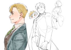 Rule 34 | 1013 1014rt, 1boy, alphonse elric, arms at sides, blonde hair, blush stickers, book, brown vest, chibi, chibi inset, clenched teeth, closed mouth, clothes lift, coat, coat lift, collared shirt, dot nose, dress shirt, eyelashes, facing away, feet out of frame, fingernails, from above, from below, from side, fullmetal alchemist, green neckwear, grey coat, hand in pocket, happy, holding, holding book, legs together, light smile, looking afar, looking at viewer, looking down, male focus, multiple views, nape, necktie, parted lips, partially colored, plaid, plaid neckwear, profile, shirt, shoes, simple background, swept bangs, tareme, teeth, vest, white background, white shirt, yellow eyes