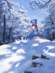Rule 34 | 1girl, barefoot, blue bow, blue dress, blue eyes, blue hair, bow, cirno, cirno day, dress, hair bow, highres, ice, ice wings, kneeling, red scarf, satellitedragon, scarf, short hair, snow, snowman, solo, touhou, wings