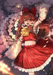 Rule 34 | 1girl, absurdres, armpits, ascot, bow, brown hair, commentary request, detached sleeves, frilled bow, frilled hair tubes, frilled skirt, frilled vest, frills, gohei, hair tubes, hakurei reimu, highres, holding, long hair, long sleeves, midriff, navel, open mouth, red bow, red skirt, red vest, ribbon-trimmed sleeves, ribbon trim, skirt, solo, stomach, touhou, very long hair, vest, white sleeves, wide sleeves, yellow ascot, yosik