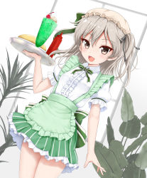 Rule 34 | 1girl, :d, apron, blush, bow, breasts, brown eyes, center frills, cherry, collared shirt, commentary request, dutch angle, flipper, food, frilled apron, frilled hat, frilled skirt, frills, fruit, girls und panzer, green apron, green bow, green skirt, grey hair, hand up, hat, highres, holding, holding tray, ice cream, ketchup bottle, long hair, looking at viewer, melon soda, mob cap, omelet, omurice, one side up, open mouth, pleated skirt, puffy short sleeves, puffy sleeves, shimada arisu, shirt, short sleeves, skirt, small breasts, smile, solo, standing, striped clothes, striped skirt, tray, uniform, vertical-striped clothes, vertical-striped skirt, waitress, white hat, white shirt, window