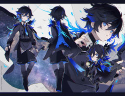 Rule 34 | 1boy, ascot, black ascot, black gloves, black hair, black jacket, black sky, blue eyes, blue hair, branch, brooch, bubble, cape, character sheet, chibi, commentary, english commentary, fingerless gloves, full body, full moon, gloves, gradient hair, hands up, highres, jacket, jewelry, long sleeves, looking at viewer, male focus, moon, multicolored hair, namiki itsuki, original, parted lips, petals, sky, solo, star (symbol), starry background, starry sky print, tassel, upper body