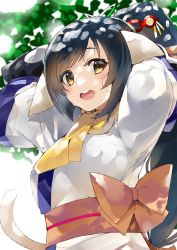 Rule 34 | 1girl, :d, absurdres, black hair, blush, bow, brown eyes, commentary request, highres, kou mashiro, kuon (utawarerumono), long hair, long sleeves, looking at viewer, open mouth, orange bow, outdoors, round teeth, sash, scarf, smile, solo, swept bangs, tail, teeth, upper body, utawarerumono, utawarerumono: itsuwari no kamen, yellow scarf