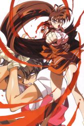 Rule 34 | 1990s (style), 2girls, brown eyes, brown hair, clenched hands, crossed arms, fingerless gloves, floating hair, gloves, hair ribbon, high ponytail, kimura takahiro, long hair, looking at viewer, multiple girls, no pupils, official art, open mouth, orange skirt, outstretched arm, retro artstyle, ribbon, skirt, takeuchi yuka, underbust, v-shaped eyebrows, variable geo, very long hair, waitress, yajima satomi