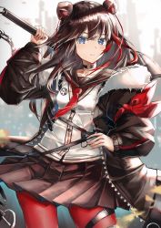 Rule 34 | 1girl, animal ears, arknights, arm up, armband, axe, bear ears, blue eyes, brown choker, brown coat, brown hair, brown sailor collar, brown skirt, chain, choker, coat, cowboy shot, earbuds, earphones, fur-trimmed coat, fur trim, hand on own hip, highres, holding, holding axe, holding weapon, light blush, long sleeves, looking at viewer, multicolored hair, neckerchief, o-ring, o-ring choker, on (yattemasu), pantyhose, pleated skirt, red hair, red neckerchief, red pantyhose, sailor collar, school uniform, shirt, skirt, solo, streaked hair, thigh strap, weapon, weapon behind back, white shirt, zima (arknights)