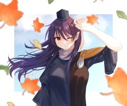 Rule 34 | 1girl, absurdres, arm up, armor, artist name, autumn, autumn leaves, blue hair, blurry, blurry background, border, breasts, closed mouth, dark blue hair, day, depth of field, falling leaves, hair between eyes, hat, highres, iizunamaru megumu, large breasts, leaf, light blush, long hair, looking to the side, maple leaf, one eye closed, outdoors, outside border, pauldrons, pointy ears, pom pom (clothes), semi no haa, shoulder armor, sidelighting, single pauldron, sleeves past elbows, solo, tokin hat, touhou, waistcoat, white border, wind