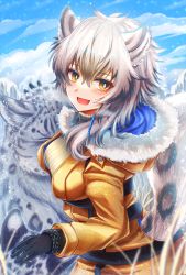 Rule 34 | 1girl, 3 (sanyako1), :d, absurdres, animal ear fluff, animal ears, arknights, black gloves, blue sky, blush, breasts, cliffheart (arknights), cliffheart (highlands visitor) (arknights), cloud, coat, commentary, cowboy shot, day, fang, fur trim, gloves, grey eyes, hair between eyes, highres, huge filesize, infection monitor (arknights), leopard, leopard ears, leopard girl, leopard tail, looking at viewer, medium breasts, official alternate costume, open mouth, orange coat, outdoors, ribbed sweater, short hair, sidelocks, silver hair, sky, smile, snow leopard, snowing, solo focus, standing, sweater, tail, turtleneck, turtleneck sweater
