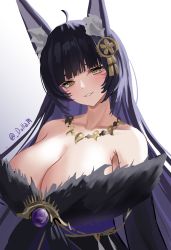 Rule 34 | 1girl, ahoge, animal ear fluff, animal ears, azur lane, bare shoulders, black hair, black kimono, blunt bangs, blush, breasts, brown eyes, cleavage, collarbone, doham, facial mark, fox ears, fox girl, fur trim, gradient background, hair ornament, highres, japanese clothes, jewelry, kimono, large breasts, long hair, looking at viewer, magatama, magatama necklace, mixed-language commentary, musashi (azur lane), necklace, off shoulder, parted lips, sidelocks, simple background, smile, solo, sweat, twitter username, upper body, very long hair, white background