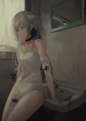 Rule 34 | 1girl, arm support, bandaged arm, bandaged leg, bandages, bare shoulders, black choker, black ribbon, blood, bloody bandages, blue eyes, breasts, camisole, chihuri, choker, closed mouth, collarbone, curtains, eve (chihuri), grey hair, hair between eyes, hair ribbon, heterochromia, highres, indoors, long hair, mirror, original, panties, red eyes, reflection, ribbon, sink, small breasts, solo, underwear, underwear only, very long hair, white camisole, white panties