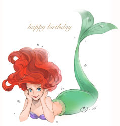 Rule 34 | 1girl, ano (sbee), ariel (disney), artist name, bikini, bikini top only, blue eyes, bubble, disney, hand on own chin, happy, happy birthday, long hair, looking at viewer, mermaid, monster girl, red hair, shell, shell bikini, simple background, smile, solo, swimsuit, the little mermaid, white background