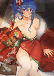 Rule 34 | 1girl, azur lane, bare shoulders, blush, breasts, cleavage, collarbone, highres, japanese clothes, kimono, large breasts, long hair, long sleeves, looking at viewer, obi, official alternate costume, open mouth, red kimono, sash, side ponytail, sidelocks, solo, st. louis (azur lane), st. louis (spirits in the snow) (azur lane), wide sleeves, yayako (804907150)