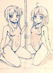 Rule 34 | 2girls, ahoge, alternate costume, bare legs, barefoot, bob cut, breasts, commentary request, d-m (dii emu), eyelashes, greyscale, hair bun, looking at viewer, monochrome, multiple girls, nishida satono, open mouth, parted bangs, pole, seiza, short hair, short hair with long locks, simple background, single hair bun, sitting, small breasts, stripper pole, swimsuit, teireida mai, thighs, touhou, wariza