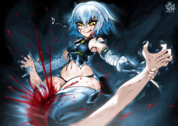 Rule 34 | 1boy, 1girl, arm belt, bandaged arm, bandages, between thighs, black gloves, black panties, blood, blood in hair, blood on face, breasts, corruption, crushing, curvy, death, ero guro, facial scar, fate/apocrypha, fate/grand order, fate (series), femdom, fingerless gloves, girl on top, gloves, green eyes, guro, highres, holding another&#039;s wrist, jack the ripper (fate/apocrypha), lowleg, lowleg panties, mixed-sex combat, musical note, navel, note, panties, revealing clothes, reverse ryona, scar, scar across eye, scar on cheek, scar on face, scissorhold, shiny skin, short hair, shoulder tattoo, single glove, small breasts, smile, solo focus, spoken musical note, tattoo, the golden smurf, thick thighs, thighs, thong, underwear, violence, white hair, wide hips, yellow eyes