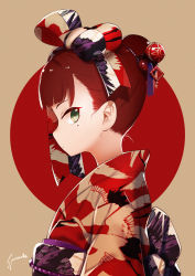 Rule 34 | 10s, 1girl, alternate hairstyle, animal print, anne (wixoss), artist name, beads, bird, bird print, blunt bangs, blush, bow, brown background, chinese zodiac, closed mouth, crane (animal), eyelashes, flat chest, from side, green eyes, hair bow, hair bun, hair ornament, hair stick, hair up, japanese clothes, kimono, long sleeves, looking at viewer, mole, mole under eye, new year, obi, print bow, print kimono, profile, red hair, red kimono, red sun, sash, shamonabe, sideways glance, signature, single hair bun, solo, upper body, wixoss, year of the rooster