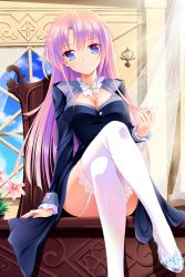 Rule 34 | 1girl, blue eyes, blue sky, breasts, cleavage, cleavage cutout, clothing cutout, cloud, crossed legs, garter straps, gem, highres, interior, legs, light rays, original, pink hair, sitting, sky, smile, solo, sparkle, thigh strap, thighhighs, white thighhighs, window, yagami-all hail nanao