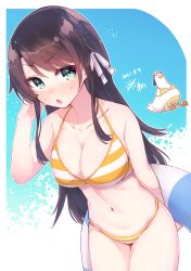 Rule 34 | 1girl, alternate costume, alternate hair length, alternate hairstyle, animal, backwards hat, bikini, blue background, blush, breasts, brown hair, cleavage, clothed animal, collarbone, commentary, cowboy shot, dated, green eyes, hair ribbon, halterneck, hand in own hair, hat, highres, hikawa shou, holding, holding swim ring, hololive, innertube, large breasts, leaning forward, long hair, looking at viewer, navel, oozora subaru, oozora subaru (hololive summer 2019), open mouth, orange bikini, parted bangs, ribbon, signature, solo, standing, stomach, striped bikini, striped clothes, subaru duck, sweatdrop, swim ring, swimsuit, virtual youtuber, white ribbon