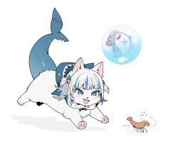 Rule 34 | :d, animal hood, animalization, bloop (gawr gura), blue eyes, blue hair, blush, bubble, cat, commentary request, fins, fish tail, flying sweatdrops, gawr gura, hololive, hololive english, hood, mitsumine (ookami no oyashiro), multicolored hair, open mouth, shark hood, shark tail, sharp teeth, shrimp, simple background, smile, streaked hair, tail, teeth, v-shaped eyebrows, virtual youtuber, white background, white hair