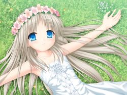 Rule 34 | 1girl, armpits, blue eyes, closed mouth, collarbone, day, dress, flower, hair between eyes, hair flower, hair ornament, head wreath, highres, kud wafter, little busters!, long hair, looking at viewer, lying, na-ga, noumi kudryavka, on back, outdoors, outstretched arms, silver hair, sleeveless, sleeveless dress, smile, solo, sundress, underwear, very long hair, white dress, white flower