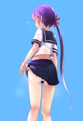 Rule 34 | 10s, 1girl, adjusting clothes, adjusting panties, akebono (kancolle), ass, blue background, blue skirt, blush, closed mouth, clothes lift, flower, from behind, hair flower, hair ornament, highres, kantai collection, kneepits, long hair, midriff, motion lines, nassukun, panties, panty lift, panty pull, pleated skirt, profile, purple hair, school uniform, serafuku, side ponytail, simple background, skirt, skirt lift, solo, standing, sweat, translation request, underwear, very long hair, white panties