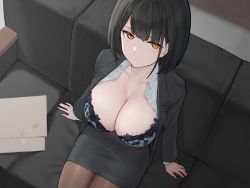 Rule 34 | 1girl, black hair, black jacket, black skirt, bra, breasts, brown pantyhose, cleavage, collarbone, collared shirt, couch, dress shirt, formal, grey bra, hair between eyes, half-closed eyes, hayabusa, highres, jacket, lace, lace-trimmed bra, lace trim, large breasts, long sleeves, looking at viewer, mole, mole on breast, mole under mouth, non-web source, office lady, on couch, open clothes, open jacket, open shirt, orange eyes, original, pantyhose, parted lips, pencil skirt, shirt, short hair, sitting, skirt, skirt suit, solo, suggestive fluid, suit, underwear, white shirt, wing collar